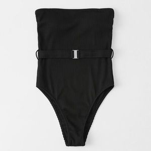 Black Ribbed Belted One Piece Swimsuit